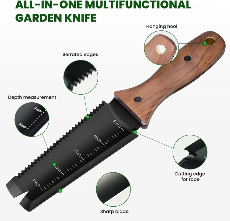 PERWIN Hori Hori Garden Knife, Garden Tools with Sheath, 6" Stainless Steel Blade with Cutting Edge, Full-Tang Walnut Ergonomic Wood Handle with Hanging Hole, Weeding, Planting, Digging - Image 3